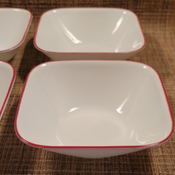 Corelle Set (4) CEREAL Salad BOWL Square White & RED Trim CORNING Vintage 6 1/4" - Picture 4 of 11
